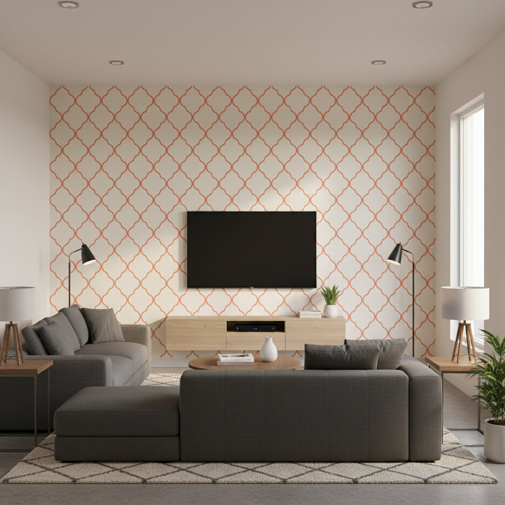 Island Coral Coral | Thibaut - Living Room Visualization (AI-generated, may not be to scale. Verify pattern scale with product specifications.)