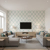 Island Turquoise ivory | Thibaut - Living Room Visualization (AI-generated, may not be to scale. Verify pattern scale with product specifications.)