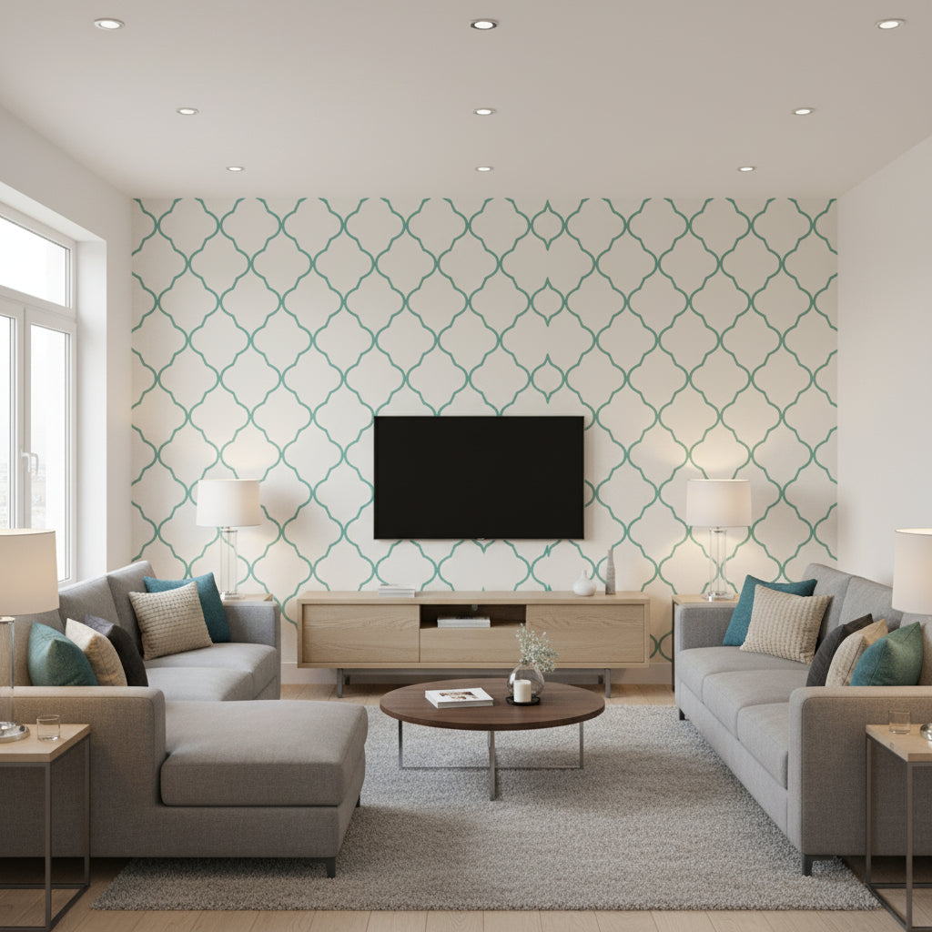 Island Turquoise ivory | Thibaut - Living Room Visualization (AI-generated, may not be to scale. Verify pattern scale with product specifications.)