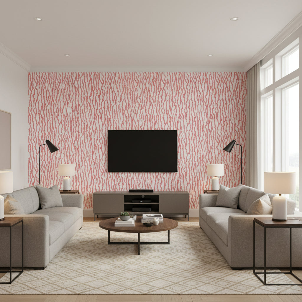 Narragansett Pink Pink | Thibaut - Living Room Visualization (AI-generated, may not be to scale. Verify pattern scale with product specifications.)