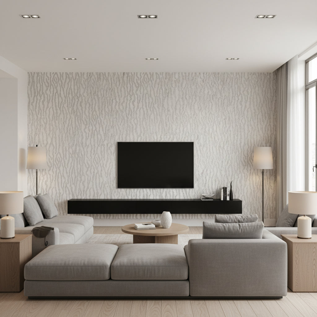 Narragansett Pearl Pearl | Thibaut - Living Room Visualization (AI-generated, may not be to scale. Verify pattern scale with product specifications.)