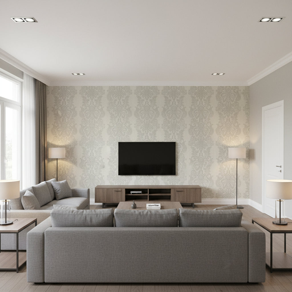 French Quarter Damask Pewter Pewter | Thibaut - Living Room Visualization (AI-generated, may not be to scale. Verify pattern scale with product specifications.)