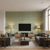 Curtis Damask Metallic Gold on Metallic Gold on Aqua Metallic Gold on Aqua | Thibaut - Living Room Visualization (AI-generated, may not be to scale. Verify pattern scale with product specifications.)