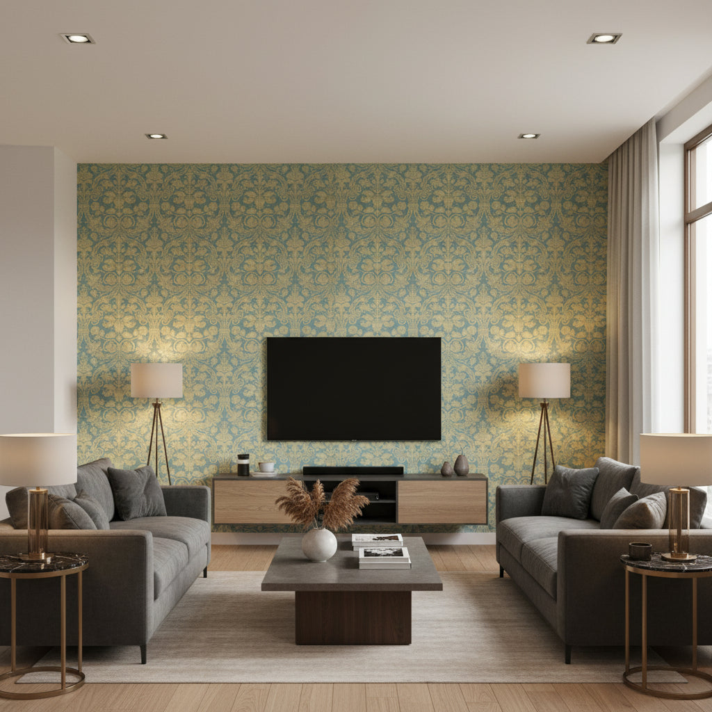 Curtis Damask Metallic Gold on Metallic Gold on Aqua Metallic Gold on Aqua | Thibaut - Living Room Visualization (AI-generated, may not be to scale. Verify pattern scale with product specifications.)
