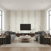 Rowan Damask Metallic Gold on Champagne Pearl Champagne Pearl | Thibaut - Living Room Visualization (AI-generated, may not be to scale. Verify pattern scale with product specifications.)