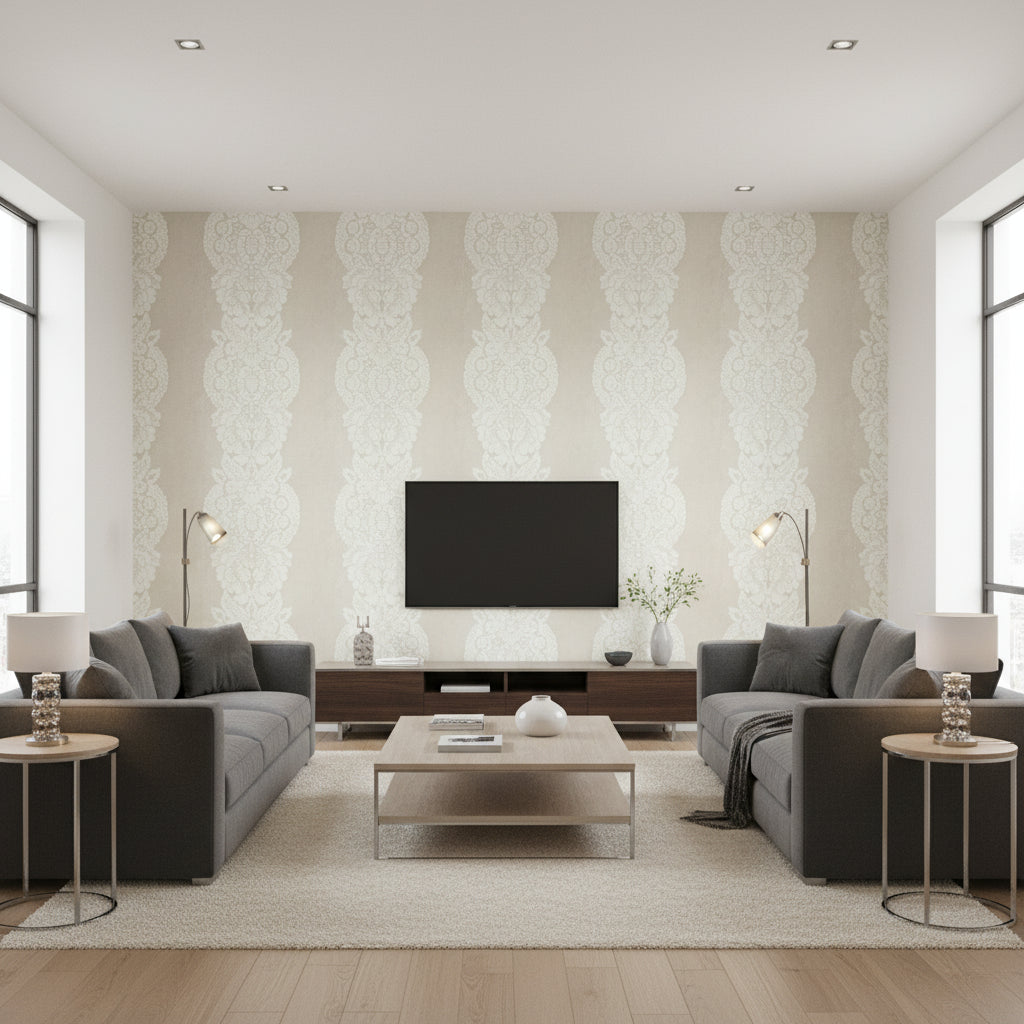 Rowan Damask Metallic Gold on Champagne Pearl Champagne Pearl | Thibaut - Living Room Visualization (AI-generated, may not be to scale. Verify pattern scale with product specifications.)