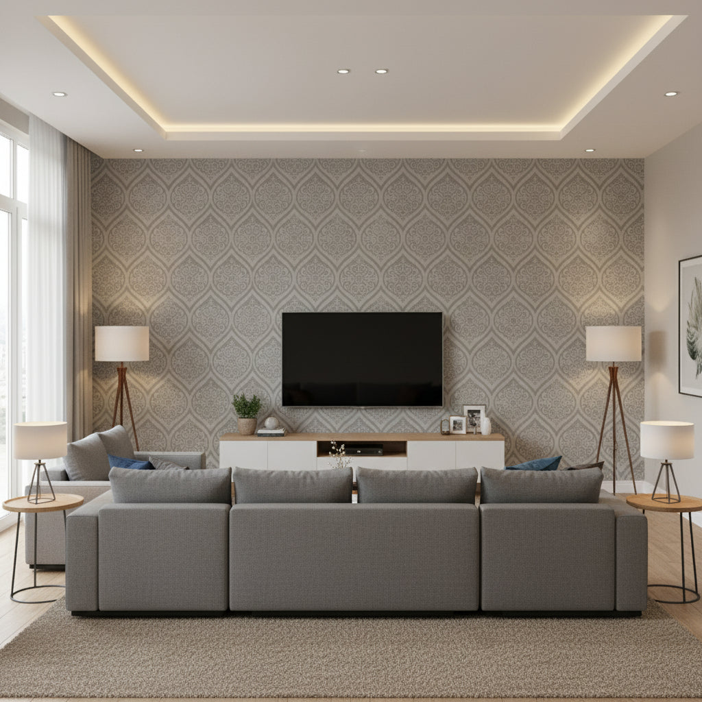 Moab Weave Charcoal Charcoal | Thibaut - Living Room Visualization (AI-generated, may not be to scale. Verify pattern scale with product specifications.)