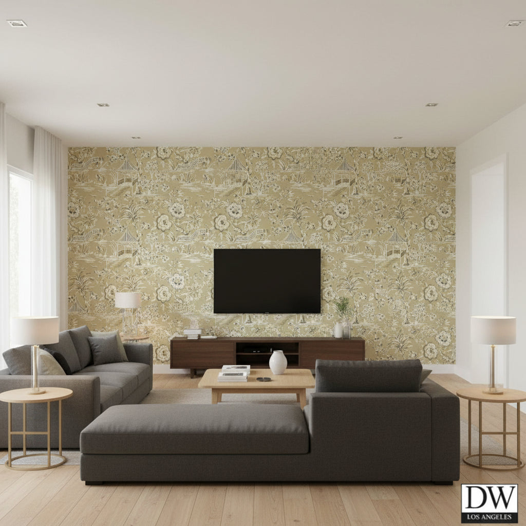 Tahiti Scenic | Jeffrey Stevens - Living Room Visualization (AI-generated, may not be to scale. Verify pattern scale with product specifications.)