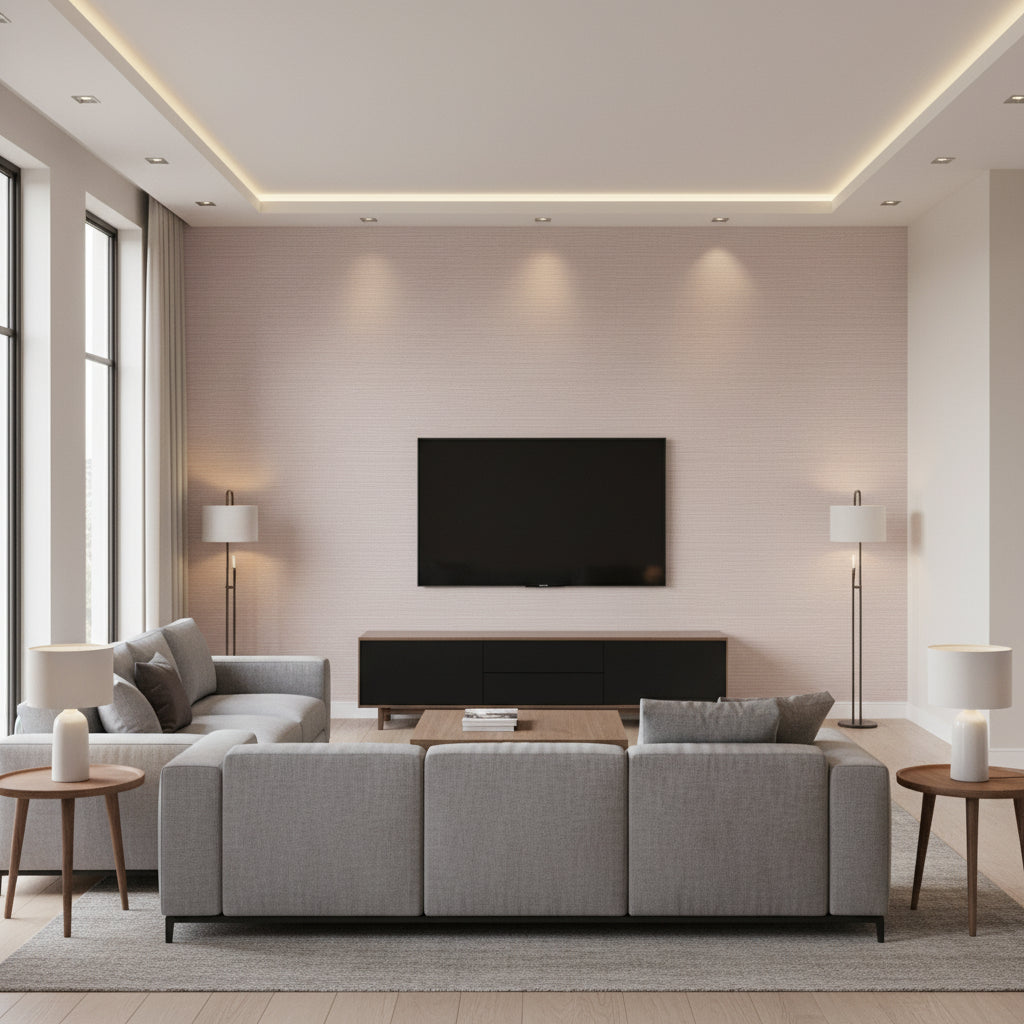 Taluk Sisal Wide Width Lilac | Thibaut - Living Room Visualization (AI-generated, may not be to scale. Verify pattern scale with product specifications.)