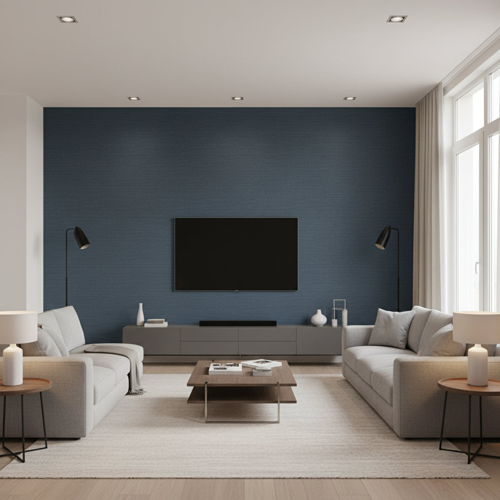 Taluk Sisal Wide Width Navy | Thibaut - Living Room Visualization (AI-generated, may not be to scale. Verify pattern scale with product specifications.)