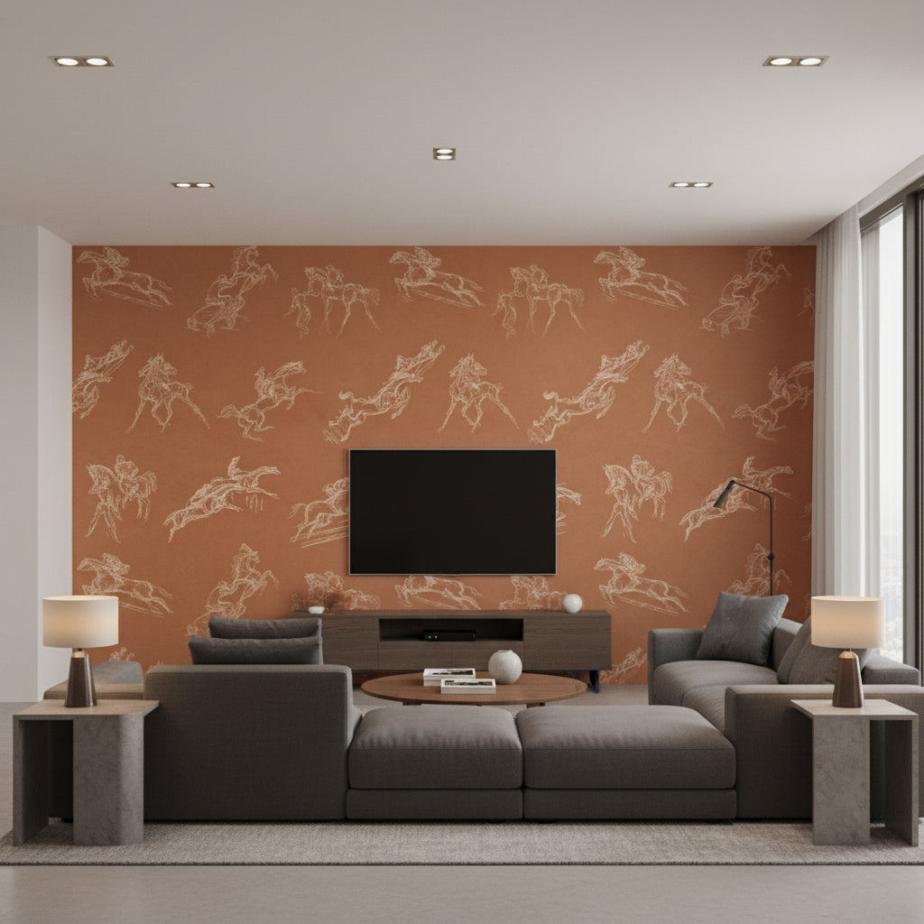Tanbark Wallcovering | Schumacher - Living Room Visualization (AI-generated, may not be to scale. Verify pattern scale with product specifications.)