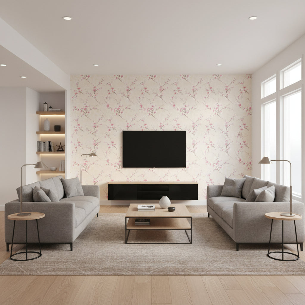 Teuri Island Cherry Blossom | Architectural Wallcoverings - Living Room Visualization (AI-generated, may not be to scale. Verify pattern scale with product specifications.)