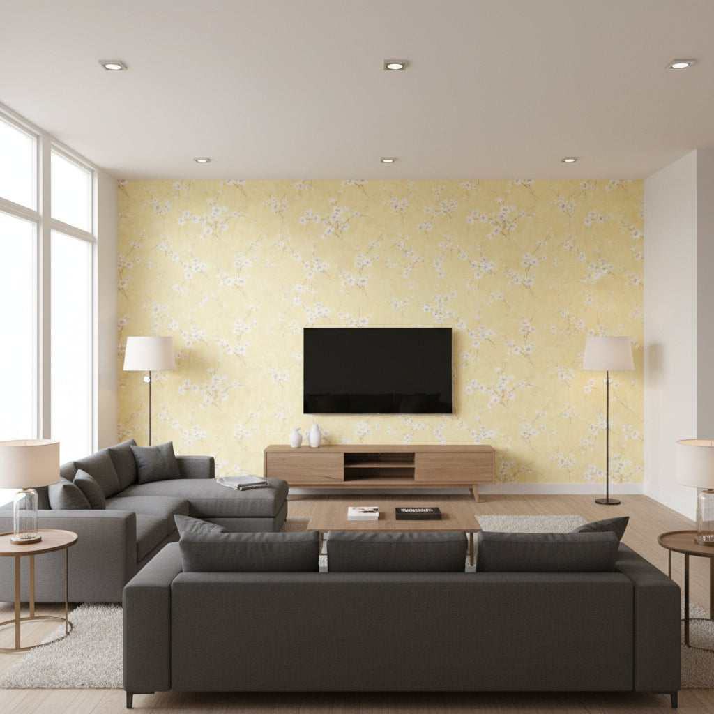 Teuri Island Cherry Blossom | Architectural Wallcoverings - Living Room Visualization (AI-generated, may not be to scale. Verify pattern scale with product specifications.)