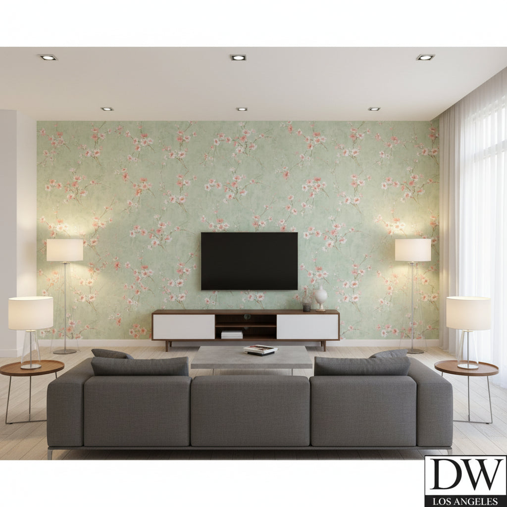 Teuri Island Cherry Blossom | Architectural Wallcoverings - Living Room Visualization (AI-generated, may not be to scale. Verify pattern scale with product specifications.)