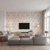 Teuri Island Cherry Blossom | Architectural Wallcoverings - Living Room Visualization (AI-generated, may not be to scale. Verify pattern scale with product specifications.)