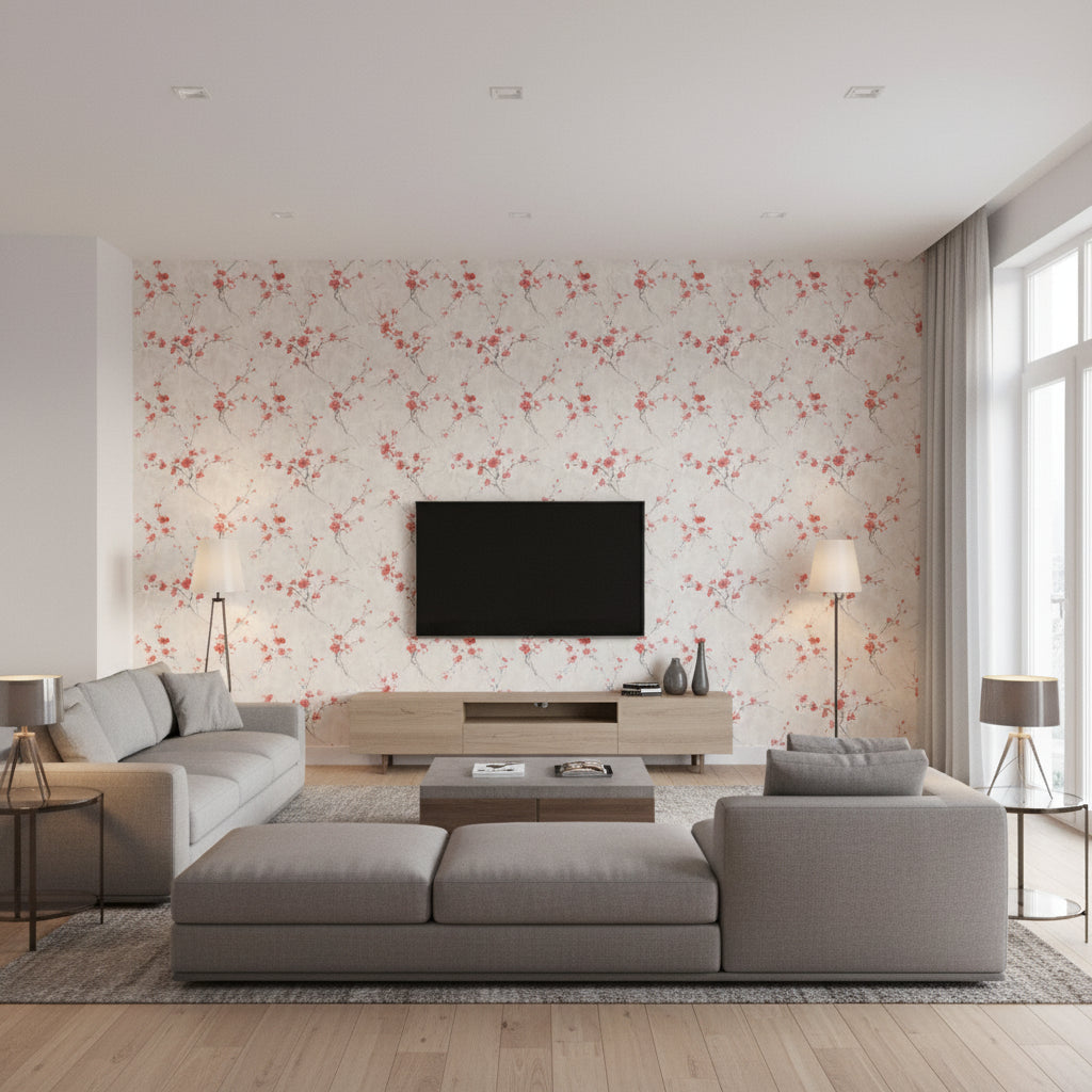 Teuri Island Cherry Blossom | Architectural Wallcoverings - Living Room Visualization (AI-generated, may not be to scale. Verify pattern scale with product specifications.)