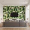 Travelers Palm Green | Thibaut Wallcoverings - Living Room Visualization (AI-generated, may not be to scale. Verify pattern scale with product specifications.)
