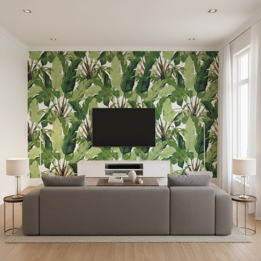 Travelers Palm Green | Thibaut Wallcoverings - Living Room Visualization (AI-generated, may not be to scale. Verify pattern scale with product specifications.)