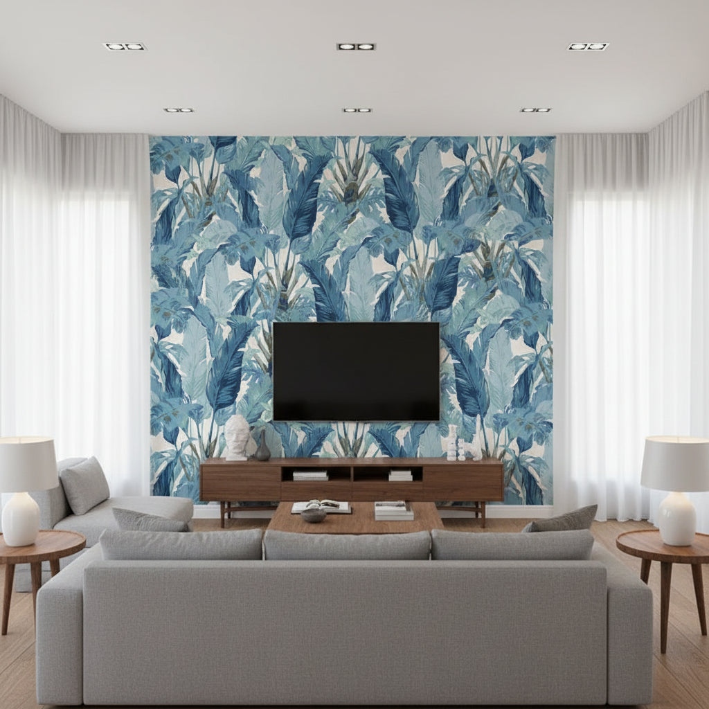 Travelers Palm Spa Blue | Thibaut Wallcoverings - Living Room Visualization (AI-generated, may not be to scale. Verify pattern scale with product specifications.)