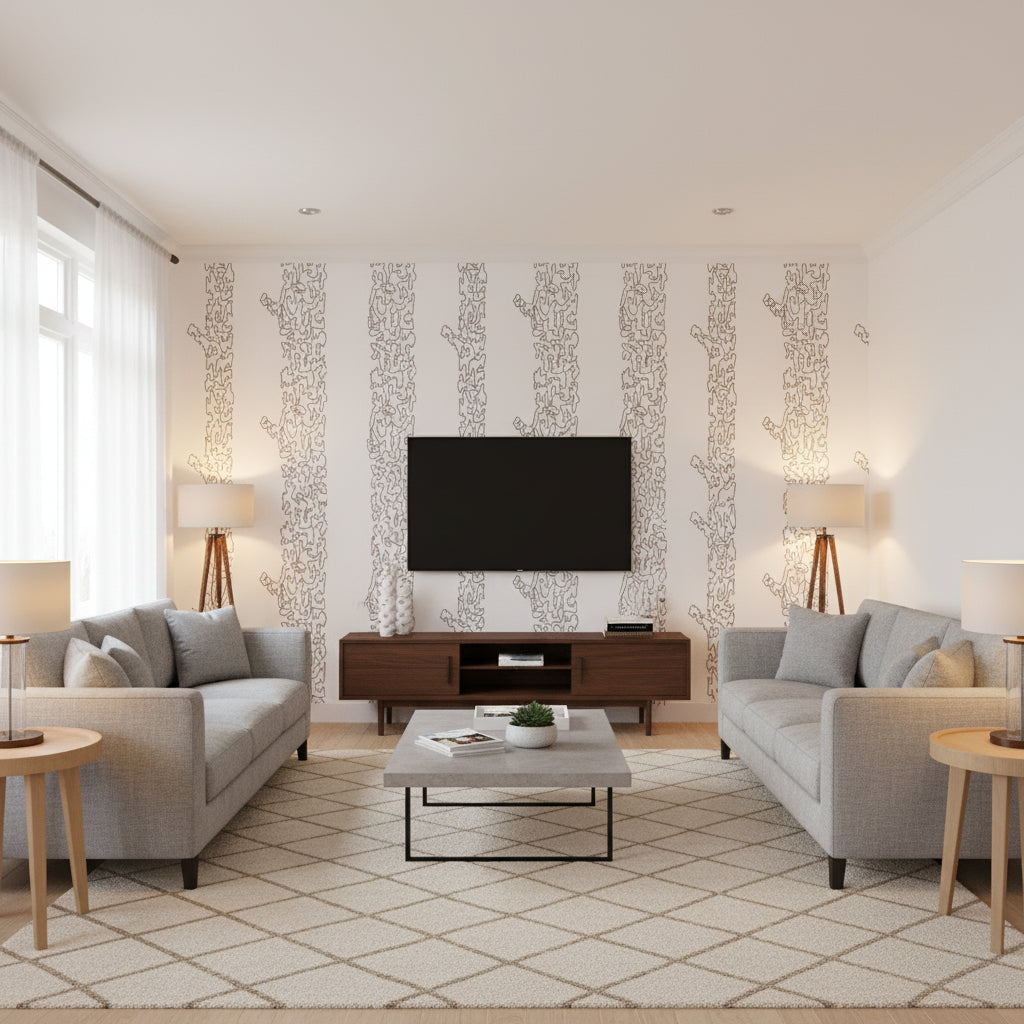 Tucker's Tree Silhouette - Living Room Visualization (AI-generated, may not be to scale. Verify pattern scale with product specifications.)