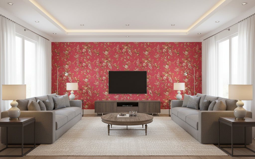 Tweety Tweet - Multi Color Bird and Rose - Living Room Visualization (AI-generated, may not be to scale. Verify pattern scale with product specifications.)