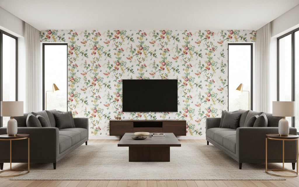 Tweety Tweet - Multi Color Bird and Rose Screen Print - Living Room Visualization (AI-generated, may not be to scale. Verify pattern scale with product specifications.)