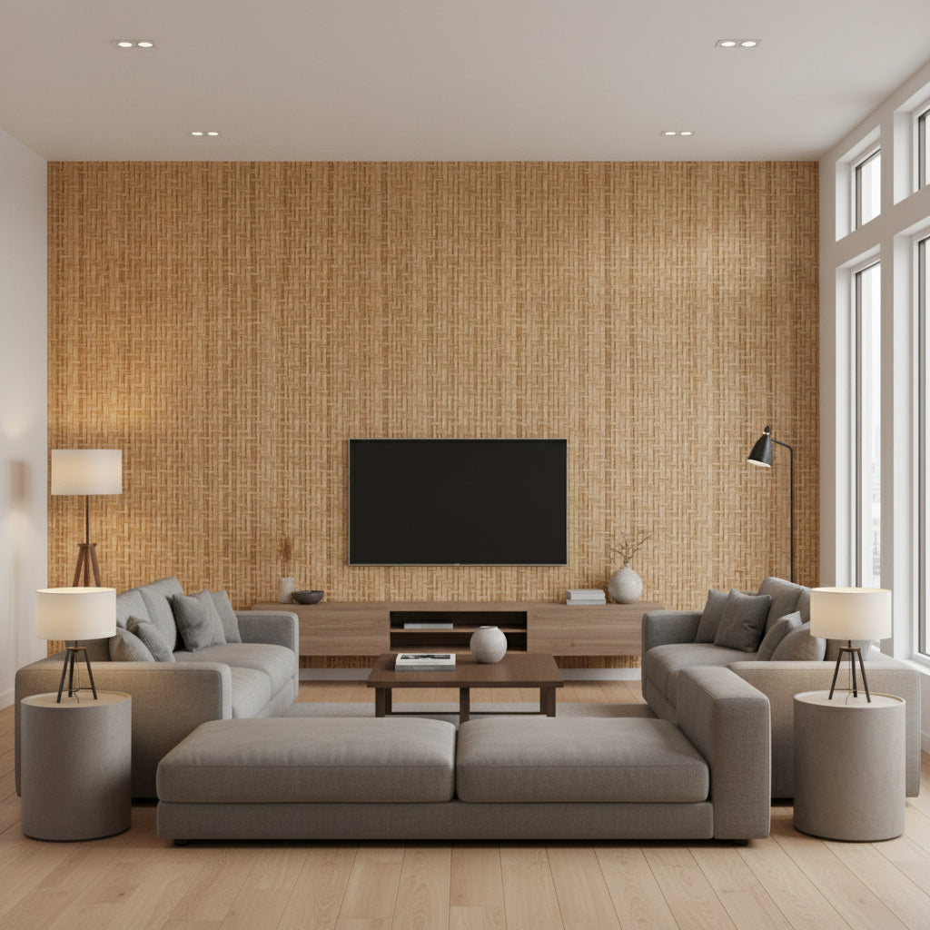 Island Weaves Minnow | Maya Romanoff - Living Room Visualization (AI-generated, may not be to scale. Verify pattern scale with product specifications.)