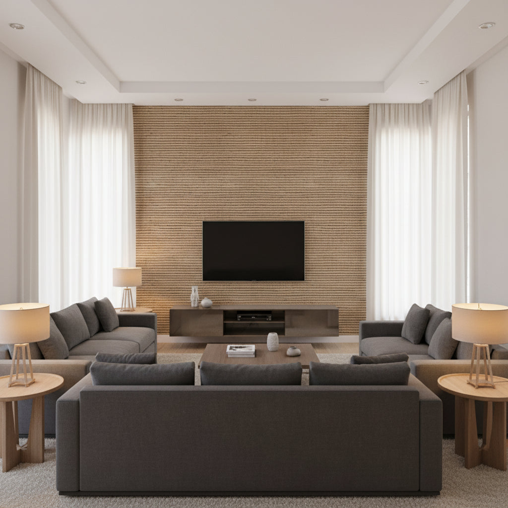 Island Weaves Lei | Maya Romanoff - Living Room Visualization (AI-generated, may not be to scale. Verify pattern scale with product specifications.)