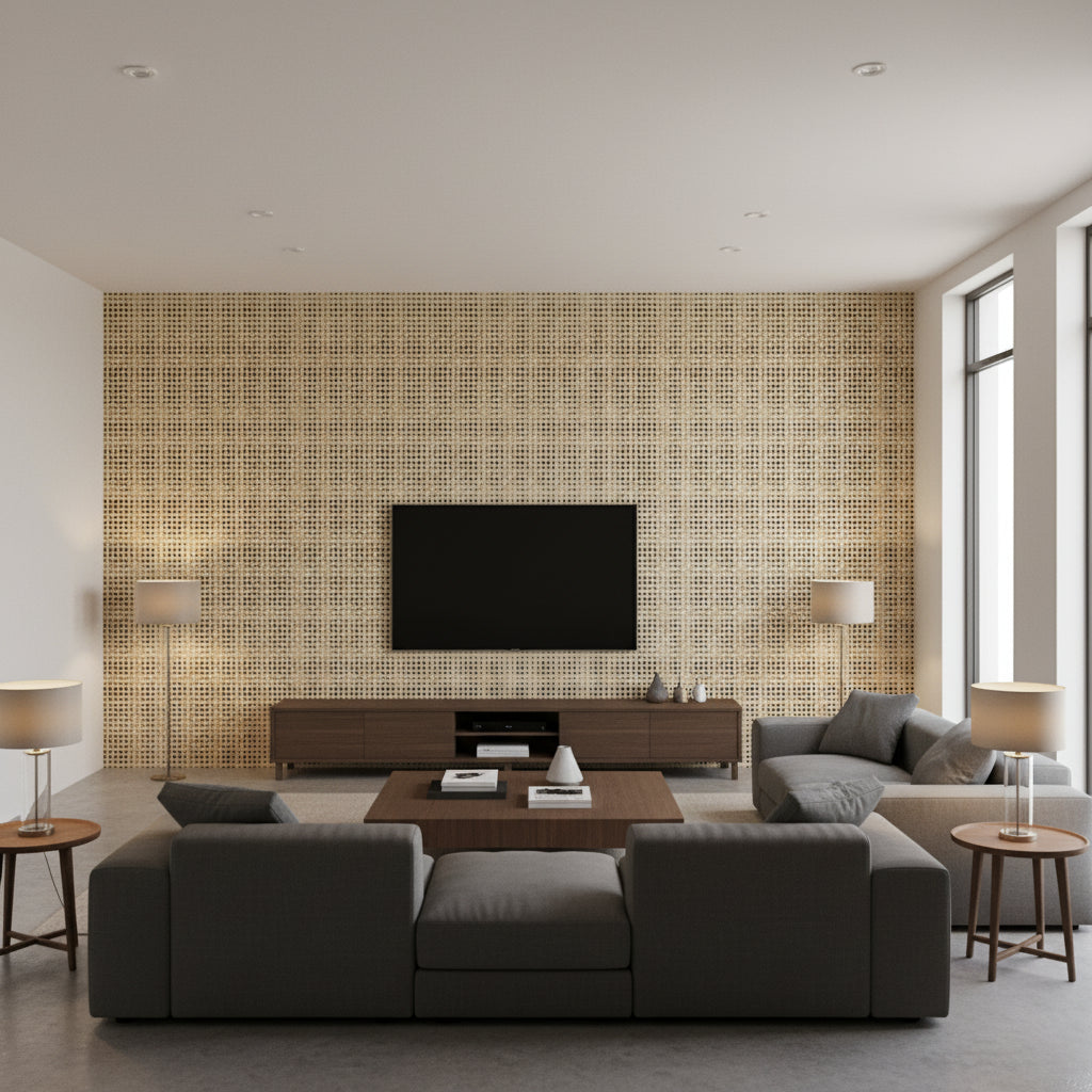 Island Weaves Clipper | Maya Romanoff - Living Room Visualization (AI-generated, may not be to scale. Verify pattern scale with product specifications.)