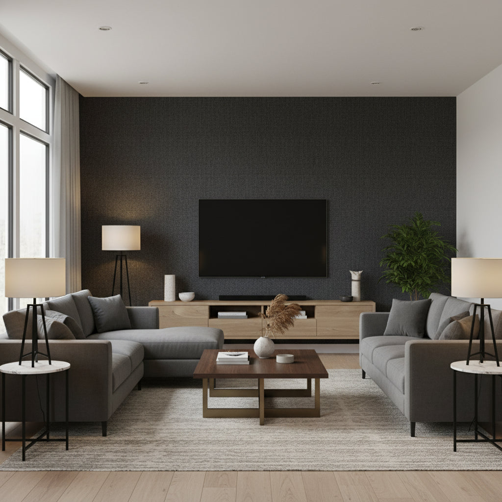 Island Weaves High Tide | Maya Romanoff - Living Room Visualization (AI-generated, may not be to scale. Verify pattern scale with product specifications.)