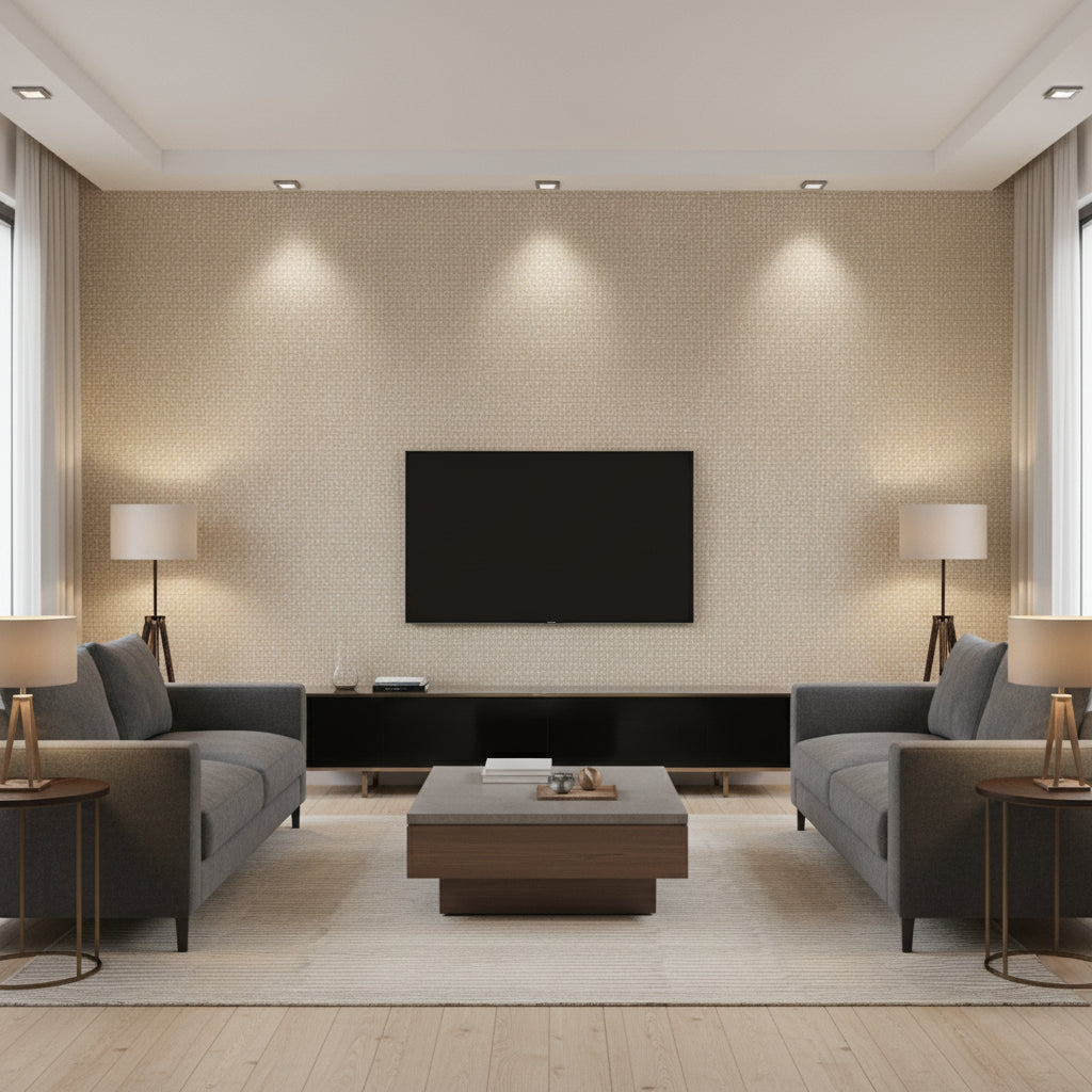 Island Weaves Catamaran | Maya Romanoff - Living Room Visualization (AI-generated, may not be to scale. Verify pattern scale with product specifications.)