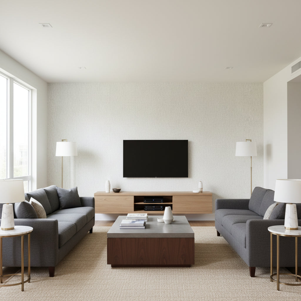 Island Weaves Whitecap | Maya Romanoff - Living Room Visualization (AI-generated, may not be to scale. Verify pattern scale with product specifications.)