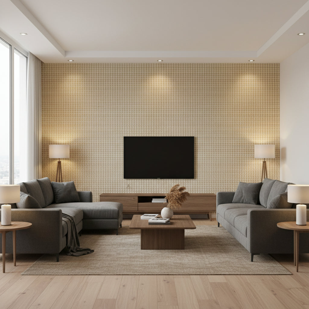 Island Weaves Shore | Maya Romanoff - Living Room Visualization (AI-generated, may not be to scale. Verify pattern scale with product specifications.)
