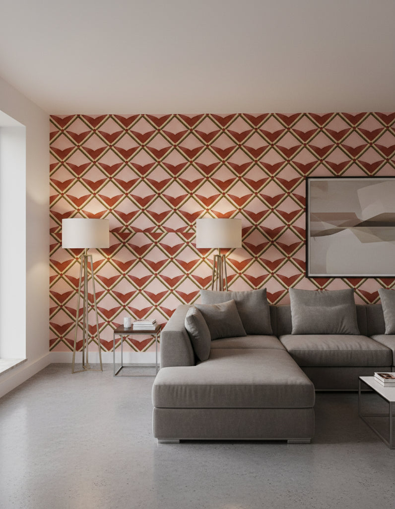 Verster | Oxblood Wallpaper - Living Room Visualization (AI-generated, may not be to scale. Verify pattern scale with product specifications.)