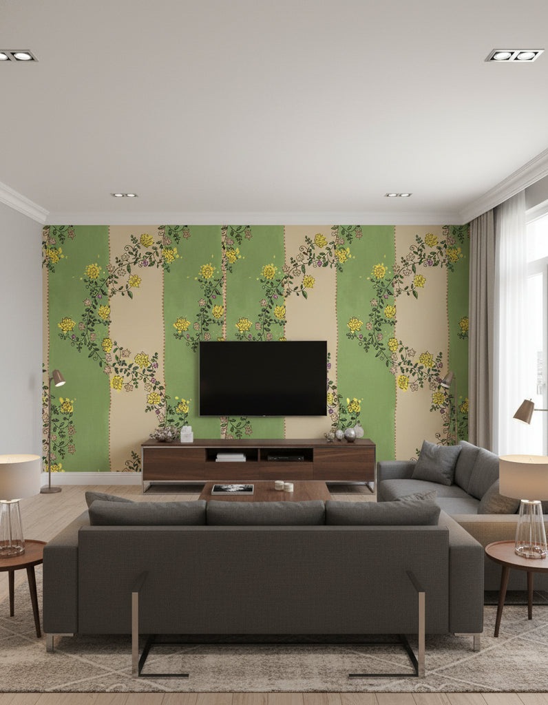 Vine Blots | Apple & Sand Wallpaper - Living Room Visualization (AI-generated, may not be to scale. Verify pattern scale with product specifications.)