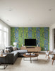 Vine Blots | Artichoke & Dusty Blue Wallpaper - Living Room Visualization (AI-generated, may not be to scale. Verify pattern scale with product specifications.)