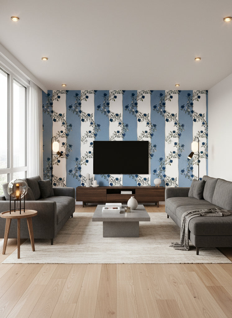 Vine Blots | Dusty Blue Wallpaper - Living Room Visualization (AI-generated, may not be to scale. Verify pattern scale with product specifications.)