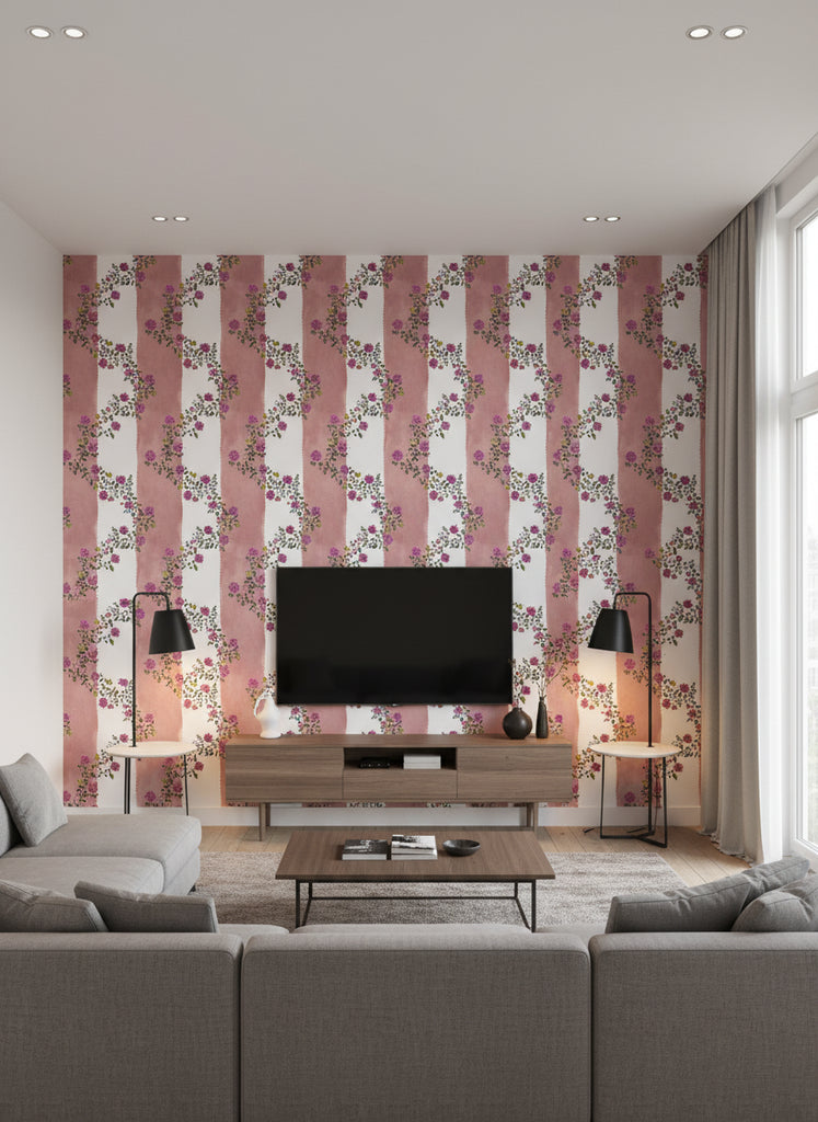 Vine Blots | Fuchsia Blaze Wallpaper - Living Room Visualization (AI-generated, may not be to scale. Verify pattern scale with product specifications.)
