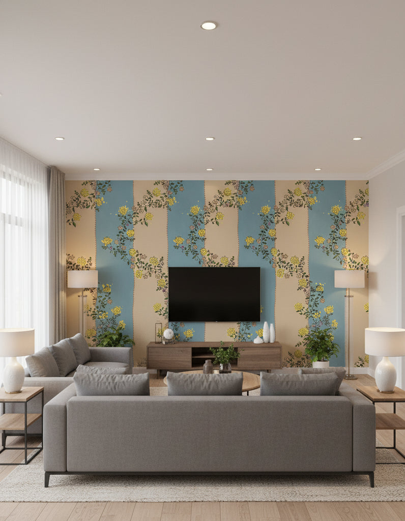 Vine Blots | Sky & Sand Wallpaper - Living Room Visualization (AI-generated, may not be to scale. Verify pattern scale with product specifications.)