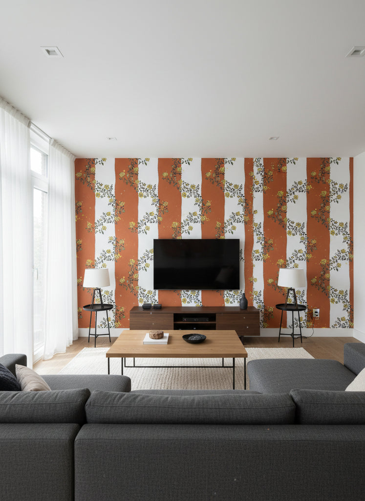 Vine Blots | Sunlit Amber Wallpaper - Living Room Visualization (AI-generated, may not be to scale. Verify pattern scale with product specifications.)