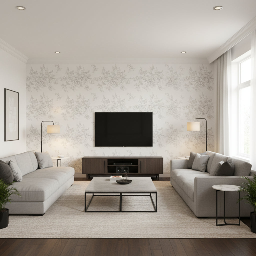 Vintage Dauphine Dove |    Ralph Lauren - Living Room Visualization (AI-generated, may not be to scale. Verify pattern scale with product specifications.)