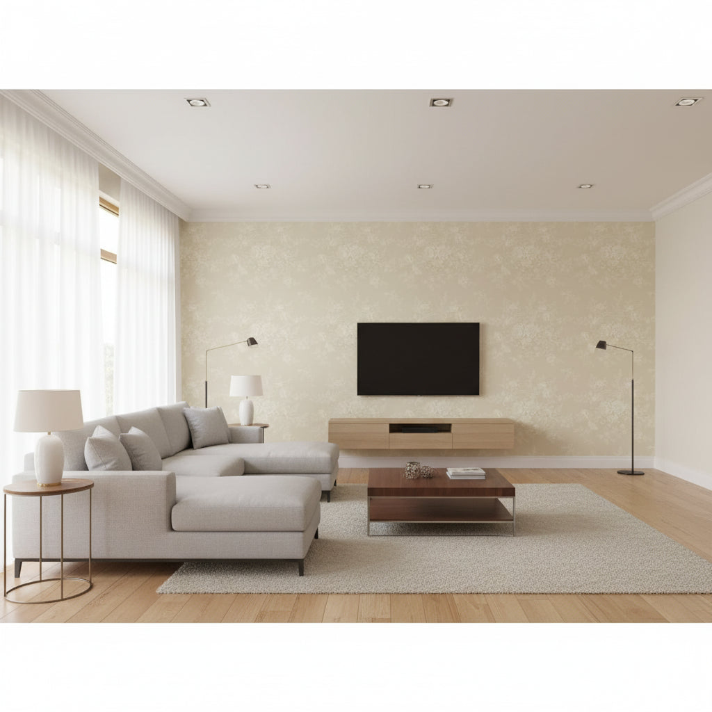 Vintage Dauphine Laurel |    Ralph Lauren - Living Room Visualization (AI-generated, may not be to scale. Verify pattern scale with product specifications.)