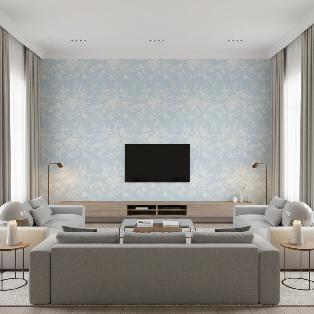 Vintage Dauphine Sky |    Ralph Lauren - Living Room Visualization (AI-generated, may not be to scale. Verify pattern scale with product specifications.)