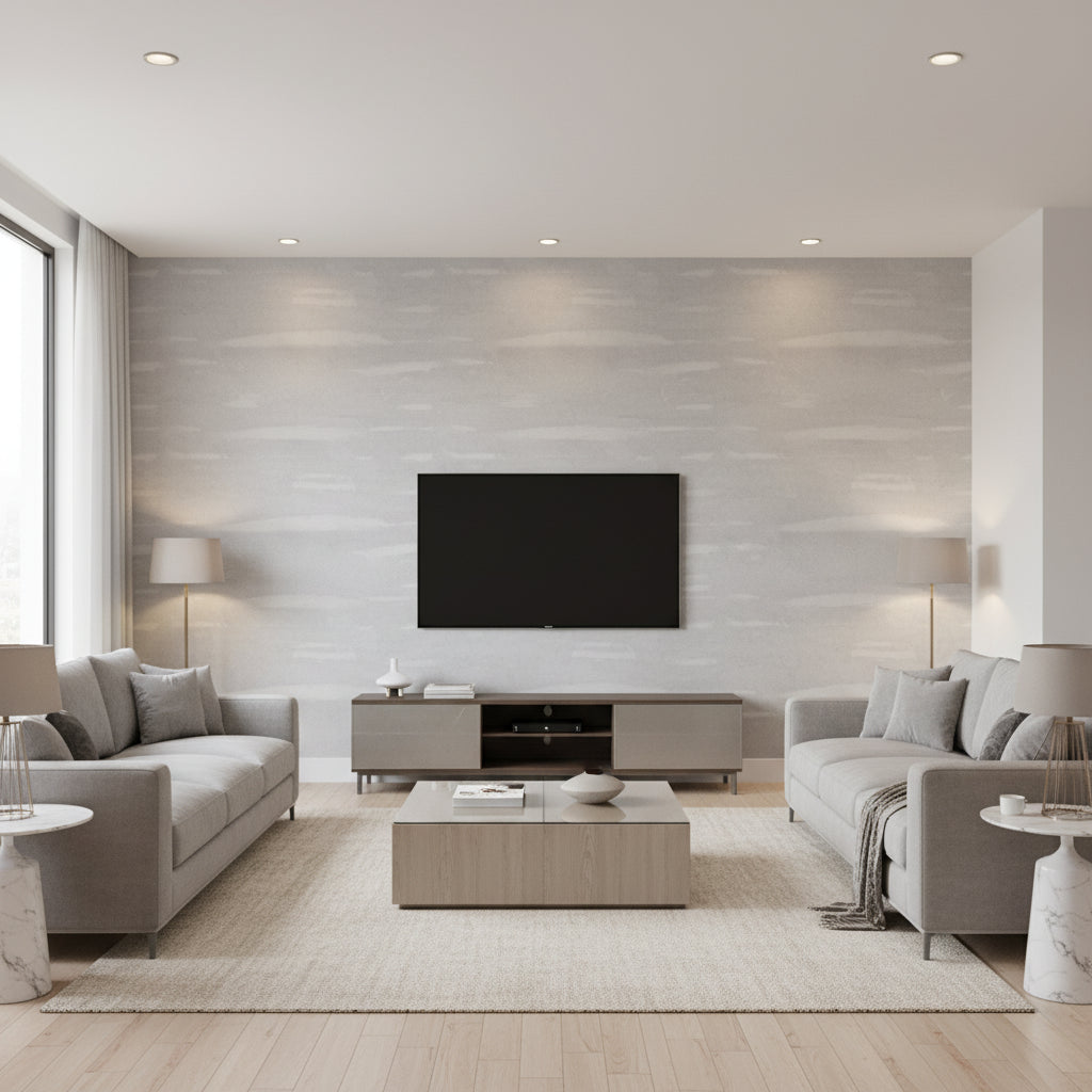 Weathered Walls - London Grey | Maya Romanoff - Living Room Visualization (AI-generated, may not be to scale. Verify pattern scale with product specifications.)