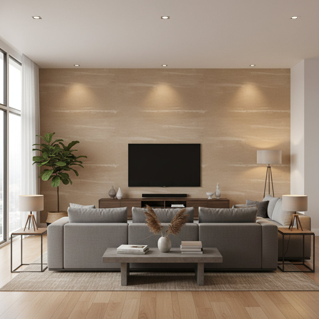 Weathered Walls - Parchment | Maya Romanoff - Living Room Visualization (AI-generated, may not be to scale. Verify pattern scale with product specifications.)