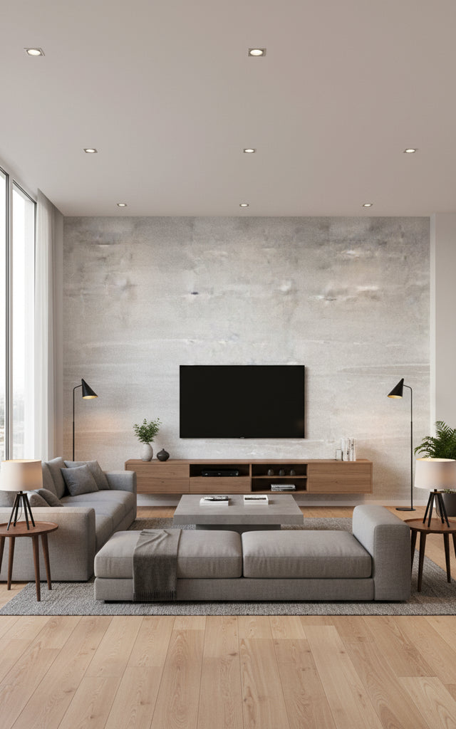 Weathered Metals - Silver Cloud | Maya Romanoff - Living Room Visualization (AI-generated, may not be to scale. Verify pattern scale with product specifications.)