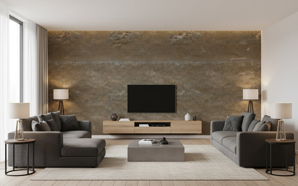 Weathered Metals - Gilded Pewter | Maya Romanoff - Living Room Visualization (AI-generated, may not be to scale. Verify pattern scale with product specifications.)