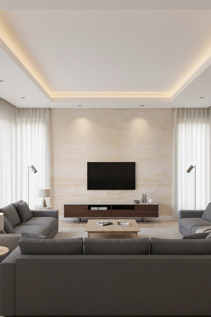 Weathered Metals - Gilded Ivory | Maya Romanoff - Living Room Visualization (AI-generated, may not be to scale. Verify pattern scale with product specifications.)