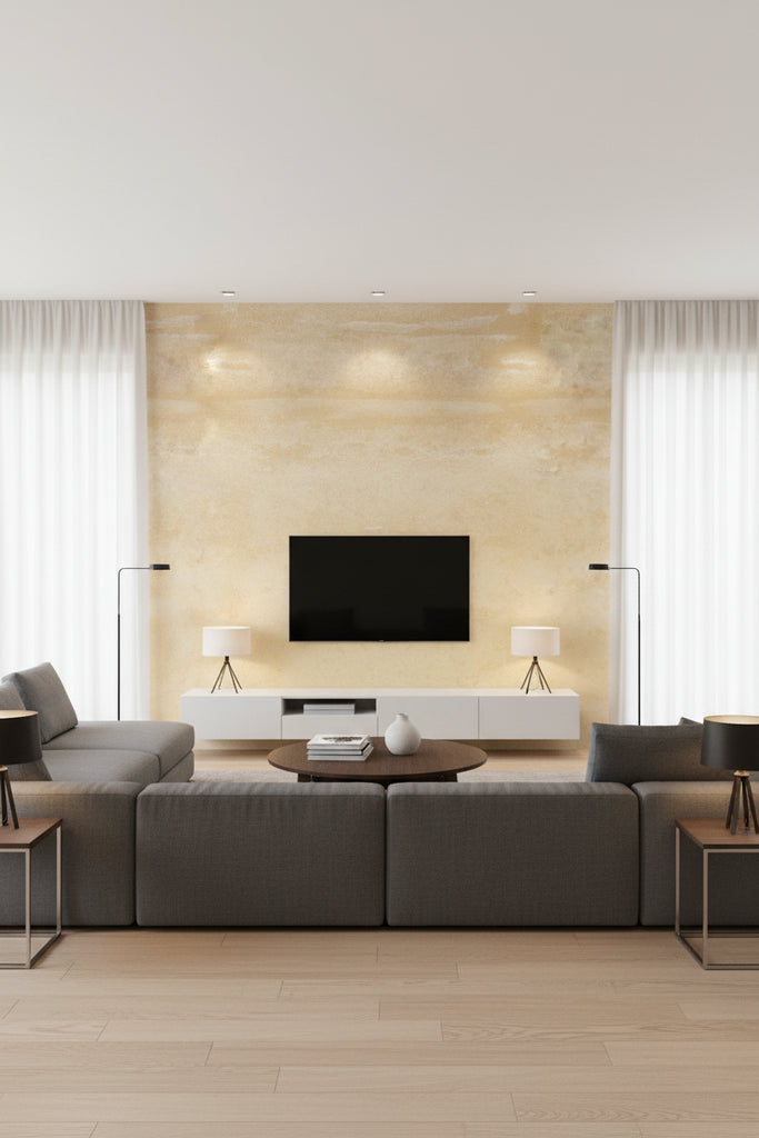 Weathered Metals - Cool Gold | Maya Romanoff - Living Room Visualization (AI-generated, may not be to scale. Verify pattern scale with product specifications.)
