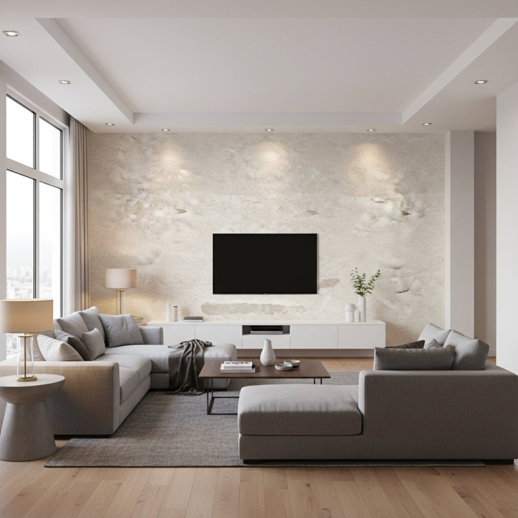 Weathered Metals - Palladium | Maya Romanoff - Living Room Visualization (AI-generated, may not be to scale. Verify pattern scale with product specifications.)
